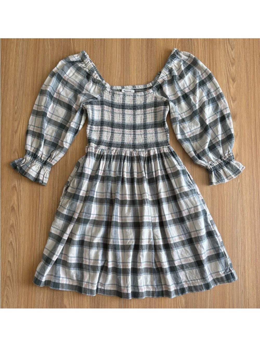 Madewell Lucie Elbow Sleeve Smocked Plaid Mini Dress S Milkmaid Boho Cottagecore